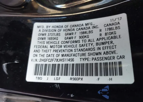 2018 Honda Civic Ex from USA, damaged, VIN 2HGFC2F7XJH511456